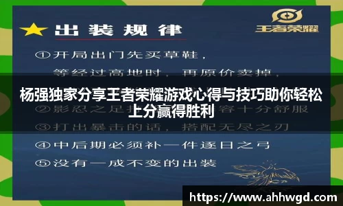 杨强独家分享王者荣耀游戏心得与技巧助你轻松上分赢得胜利